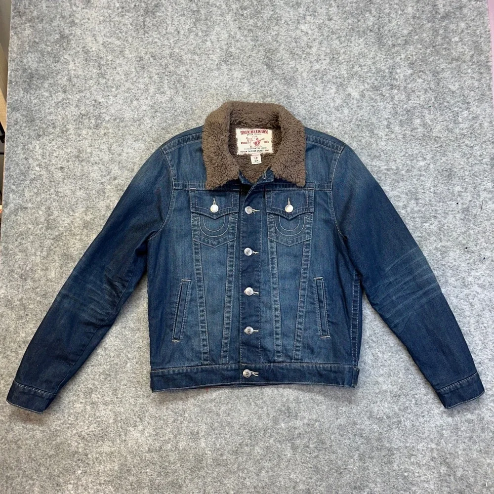 True Religion Mens Denim Trucker Jacket M Sherpa Lined Horseshoe Jean Coat